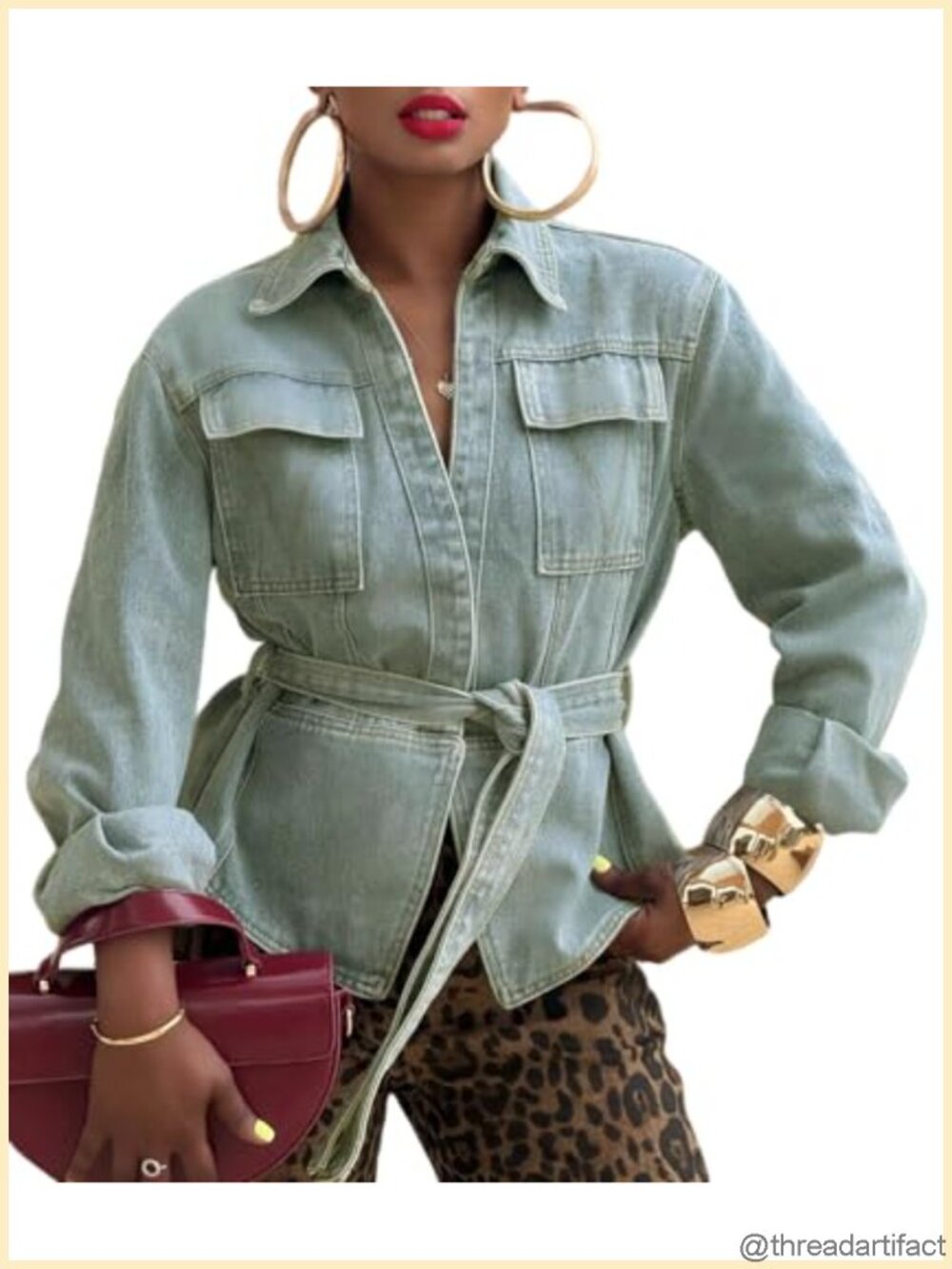 Women's Denim Jacket With Waist Belt, Stand Collar, Pockets, Long Sleeve